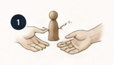 Gezeichnete Illustration: Eine kleine Holzfigur wird persönlich von einer Hand zur nächsten übergeben
