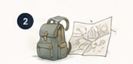 Gezeichnete Illustration: Ein Rucksack und eine Reisekarte stehen für das Mitreisen und Weitergeben